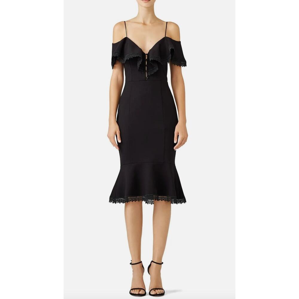 Nicholas US 4 Black Peplum Cold Shoulder Midi Dress